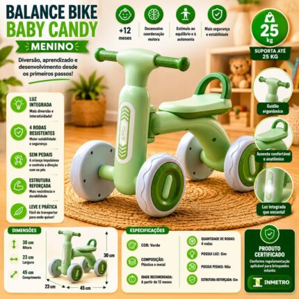 Bike Infantil UNITOYS com Luz e 4 Rodas Verde para Crianças a partir de 12 meses