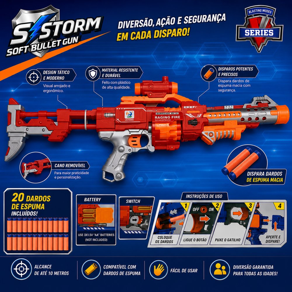 Metralhadora Lança 20 Dardos Semiautomática Vermelha Toys & Toys - Brinquedo com Dardos de Espuma - Imagem 3
