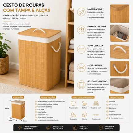 Cesto de Roupas Lehavi com Tampa e Alça de Bambu 50 Litros Bege