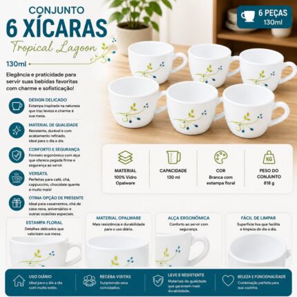 Conjunto 6 Xícaras Tropical Lagoon 130ml em Vidro Branco - FRATELLI