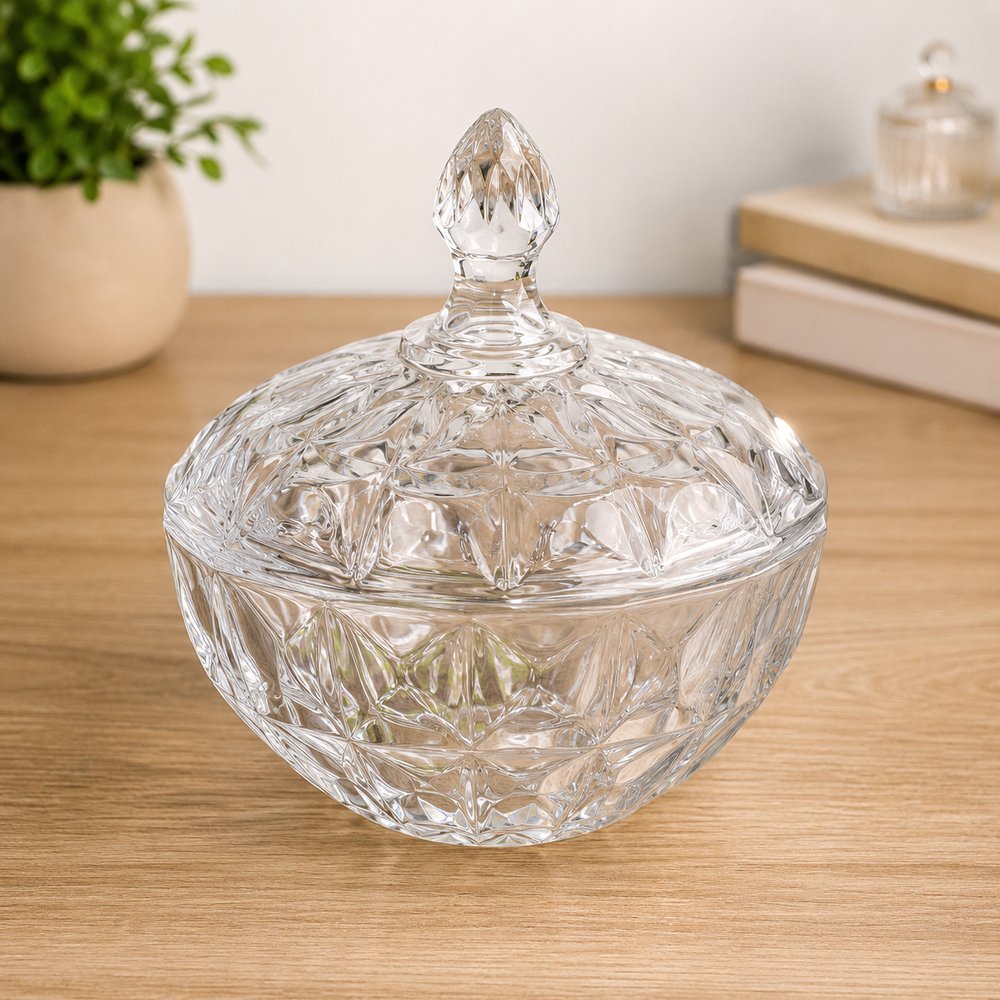 Bomboniere de Vidro Transparente com Tampa 19,5cm - Design Lapidação Diamante FRATELLI