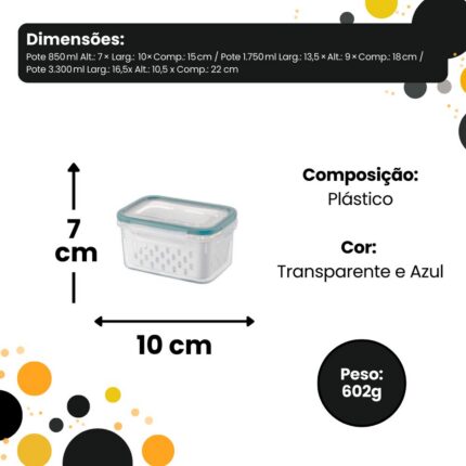 Conjunto 3 Potes Herméticos com Cesto Branco Plástico Organizador Armazenamento Cozinha