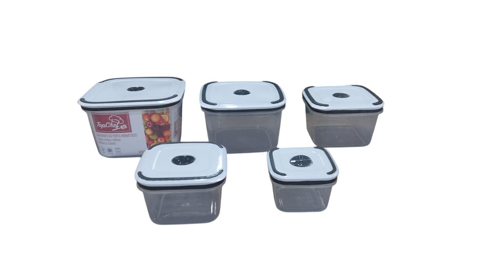 Conjunto 5 Potes Herméticos Quadrado Plástico Transparente Com Tampa Vedação Tamanho Variado