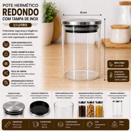 Pote Hermético Redondo de Vidro Borossilicato 1,1L com Tampa de Inox Lehavi