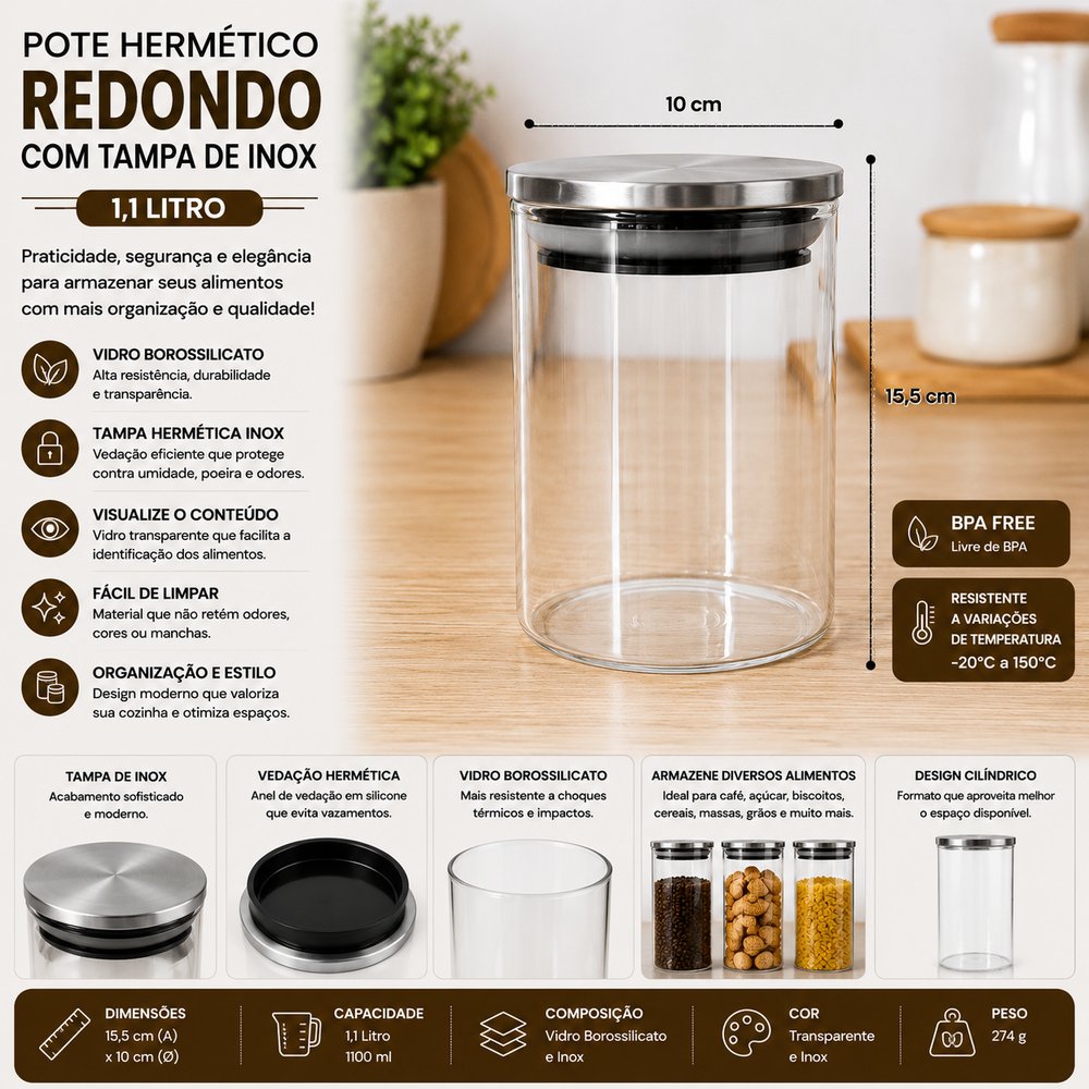 Pote Hermético Redondo de Vidro Borossilicato 1,1L com Tampa de Inox Lehavi - Imagem 3