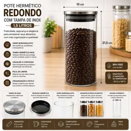 Pote Hermético Redondo de Vidro Borossilicato com Tampa de Inox 1,5 Litros Lehavi