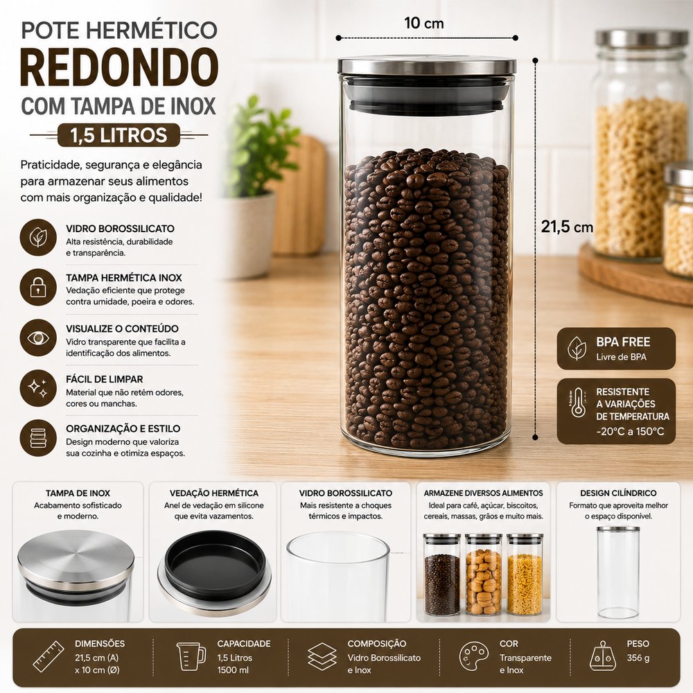 Pote Hermético Redondo de Vidro Borossilicato com Tampa de Inox 1,5 Litros Lehavi