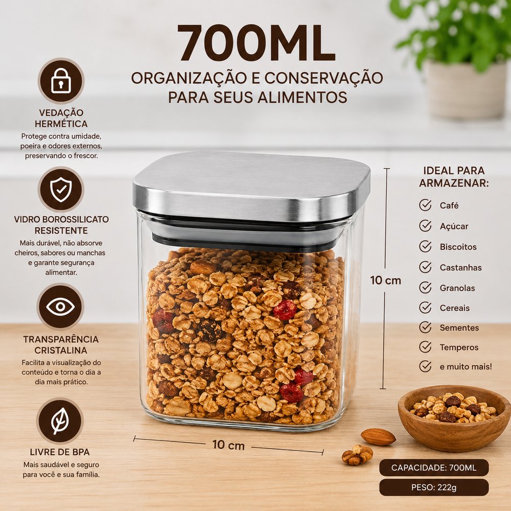 Pote Hermético Quadrado de Vidro Borossilicato 700ml com Tampa Inox - Lehavi