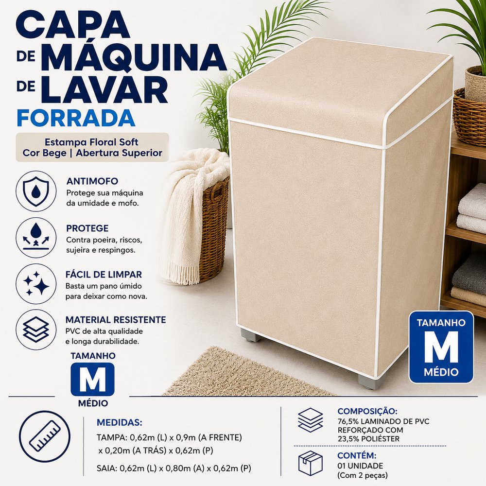 Capa Forrada para Máquina de Lavar M Bege PVC Vida Pratika Proteção Contra Poeira e Umidade