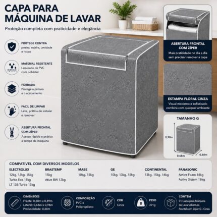 Capa para Máquina de Lavar Tamanho G com Abertura Superior e Zíper Cinza - VIDA PRATIKA