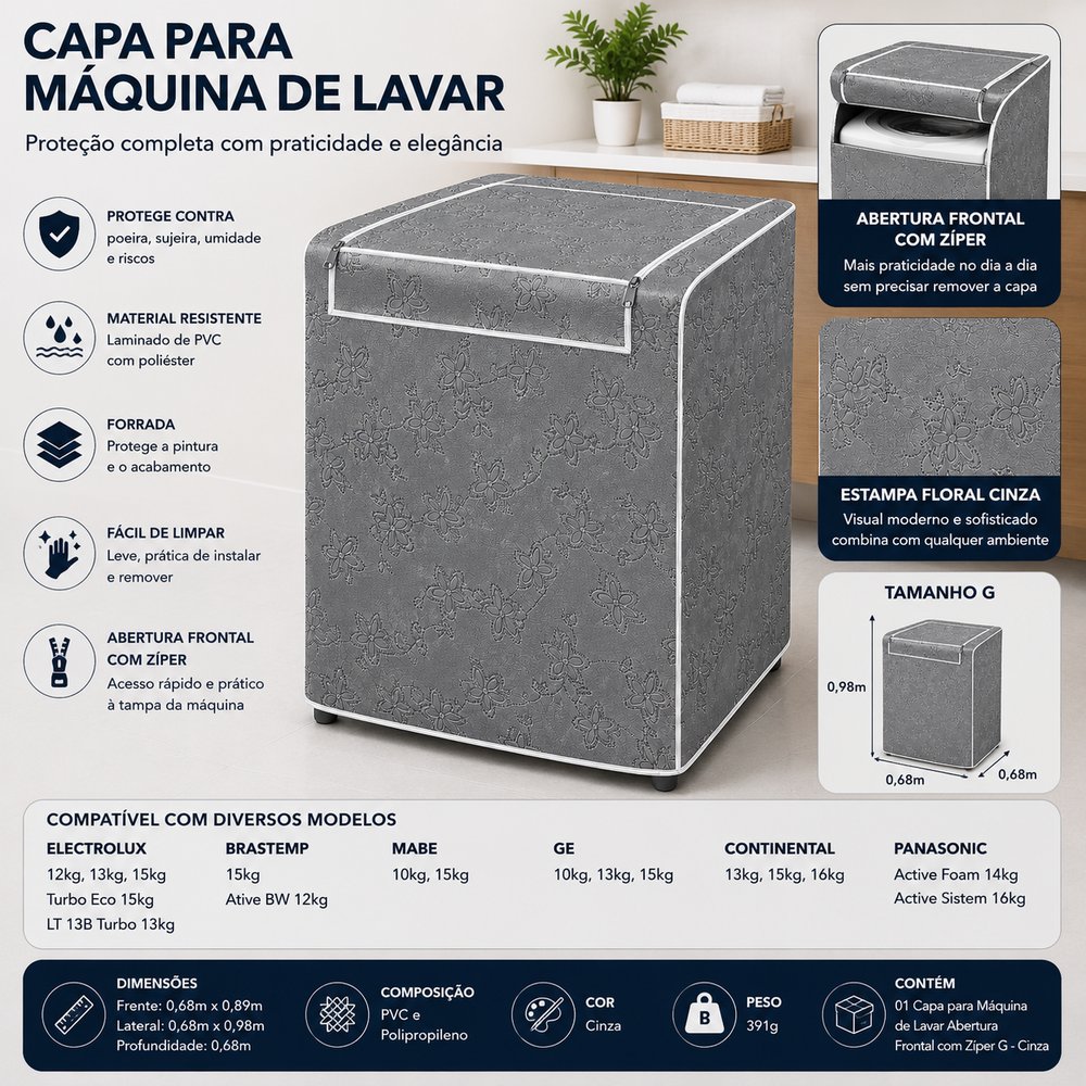 Capa para Máquina de Lavar Tamanho G com Abertura Superior e Zíper Cinza - VIDA PRATIKA - Imagem 2