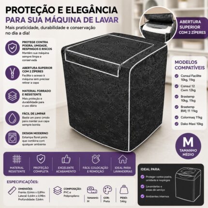 Capa Forrada com Zíper para Máquina de Lavar M Preta Vida Pratika