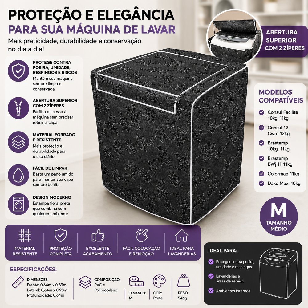 Capa Forrada com Zíper para Máquina de Lavar M Preta Vida Pratika