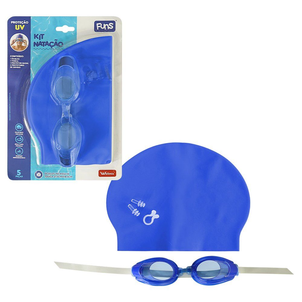 Kit de Natação Wellmix com Óculos, Touca, Protetor Nasal e Protetores de Ouvido Azul