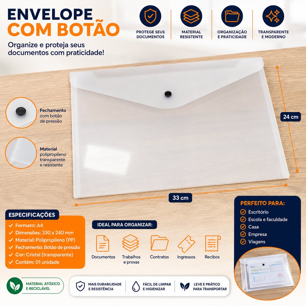 Envelope A4 Transparente com Botão para Arquivos em Polipropileno DELLO - Imagem 3