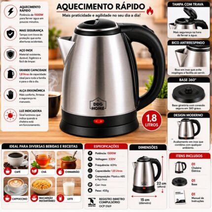 Chaleira Elétrica DDG 1500W 220V Inox 1,8 Litros - Aquecimento Rápido e Seguro