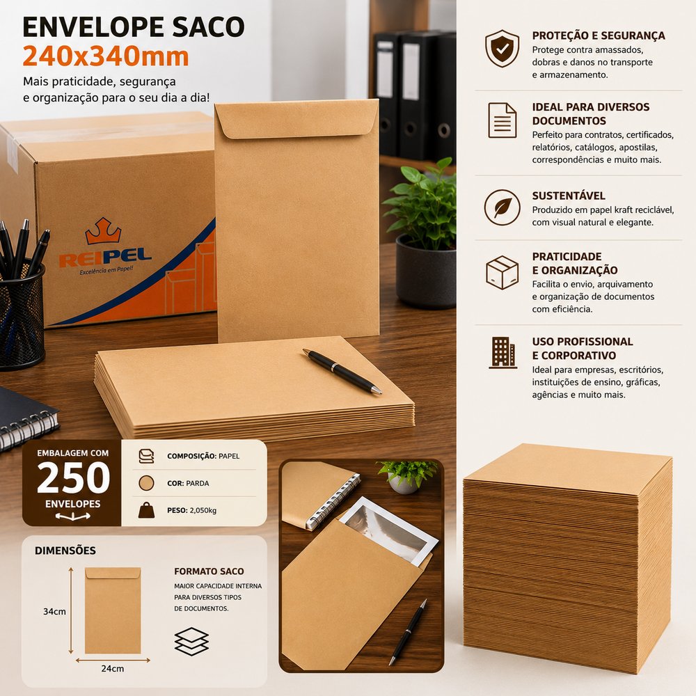 Caixa com 250 Envelopes Parda 240x340 mm - Papel Resistente REIART
