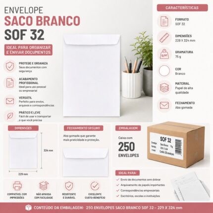 Caixa com 250 Envelopes Branco 229x324 mm - Papel 75g REIART