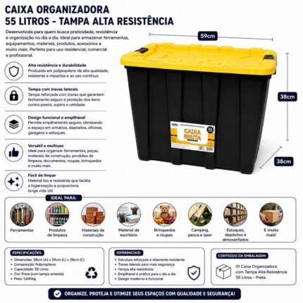 Caixa Organizadora DELLO 55 Litros com Tampa e Travas - Preta