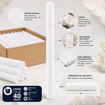 Caixa com 40 Rolos de Papel Crepom Branco 48cm x 2m - REIART