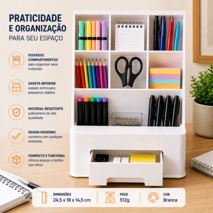 Organizador Multiuso de Mesa DELLO Branco com Compartimentos e Gaveta Inferior