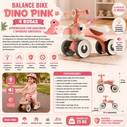 Balance Bike Dino Infantil Marrom com Luz e 4 Rodas Até 25kg - UNITOYS