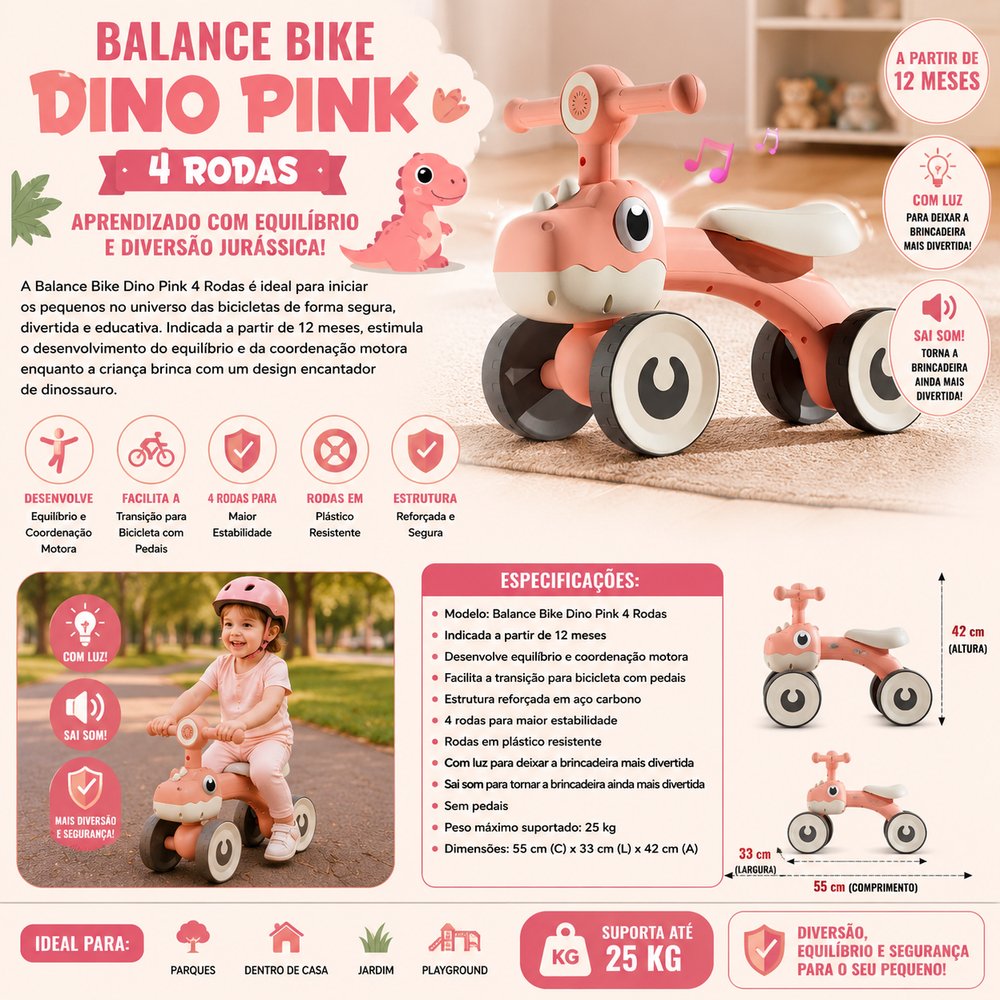 Balance Bike Dino Infantil Marrom com Luz e 4 Rodas Até 25kg - UNITOYS - Imagem 3