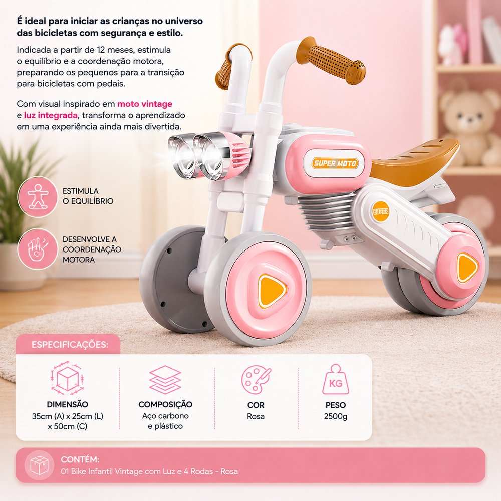 Bike Infantil Vintage UNITOYS Rosa com Luz e 4 Rodas - A partir de 12 meses - Imagem 2