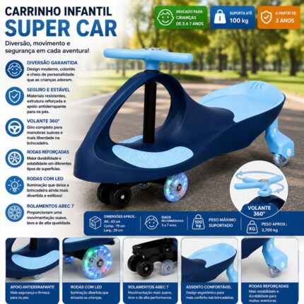 Carrinho Infantil Super Car Azul UNITOYS para Crianças de 3 a 7 Anos com Volante 360° e Rodas LED