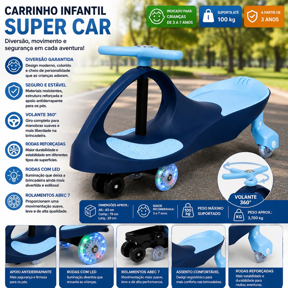 Carrinho Infantil Super Car Azul UNITOYS para Crianças de 3 a 7 Anos com Volante 360° e Rodas LED