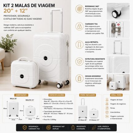 Kit 2 Malas de Viagem BLACK BULL 20'' e 12'' com Rodas Giratórias e Cadeado TSA - Branco