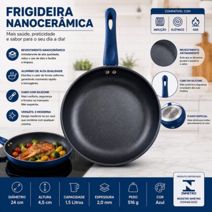 Frigideira LEHAVI 24cm Revestimento Nanocerâmico Azul Alumínio Antiaderente
