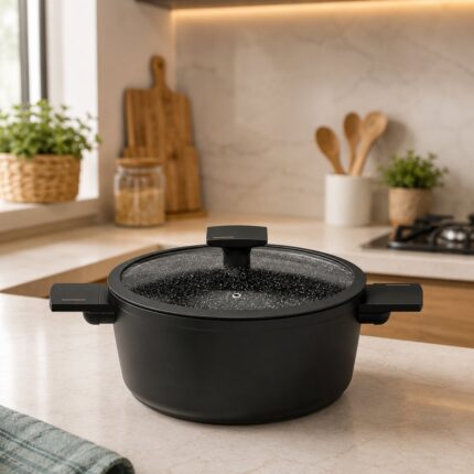 Panela com Tampa de Vidro Duas Alças Max Black 20cm Preta FRATELLI Alumínio Cerâmico