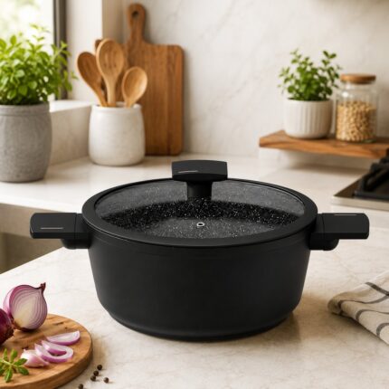 Panela Max Black 22cm com Tampa de Vidro e Duas Alças Preta FRATELLI
