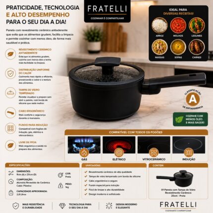 Panela FRATELLI 20cm Preta com Tampa de Vidro e Revestimento Cerâmico Antiaderente