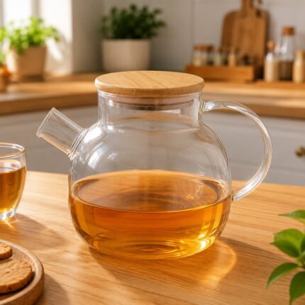 Chaleira de Vidro Transparente com Tampa de Bambu 1 Litro IDEAL