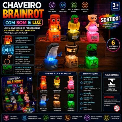 Chaveiro Brainrot com Luzes e Som - Acessório Multicolorido com Argola para Chaves e Mochilas