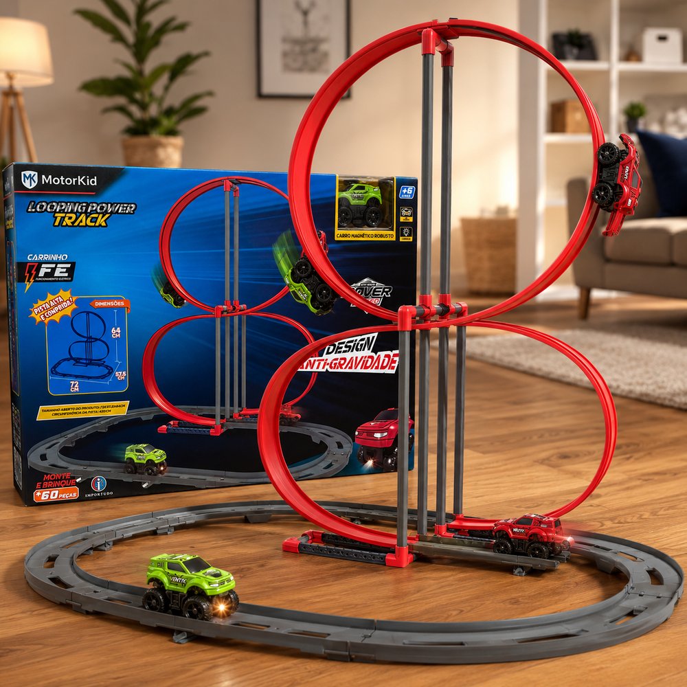 Pista Corrida Radical com Carrinho Elétrico Magnético Vermelho - 60 Peças IMPORTUDO - Imagem 2