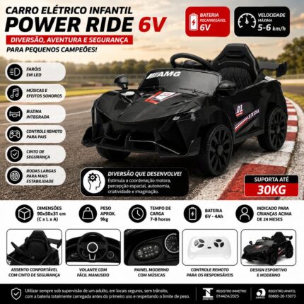 Carro Elétrico Infantil Power Ride 6V Preto com Controle Remoto - IMPORTUDO