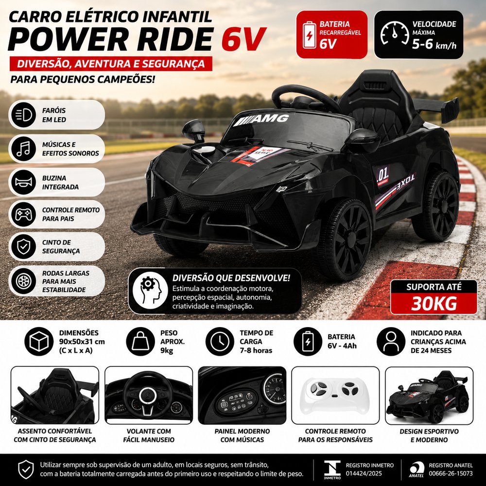 Carro Elétrico Infantil Power Ride 6V Preto com Controle Remoto - IMPORTUDO