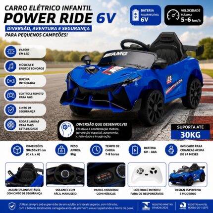Carro Elétrico Infantil Power Ride 6V Azul com Controle Remoto e Faróis LED - IMPORTUDO