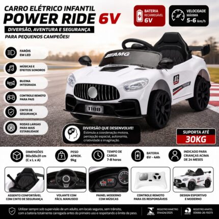 Carro Elétrico Infantil Power Ride 6V Branco com Controle Remoto e Faróis LED - IMPORTUDO