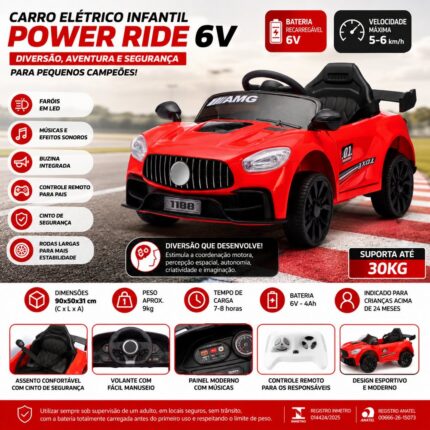 Carro Elétrico Infantil Power Ride 6V Vermelha com Controle Remoto e Faróis LED