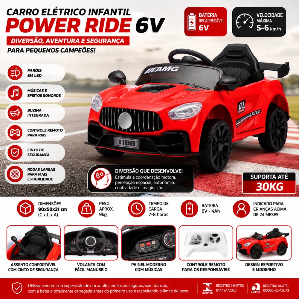 Carro Elétrico Infantil Power Ride 6V Vermelha com Controle Remoto e Faróis LED - Imagem 3