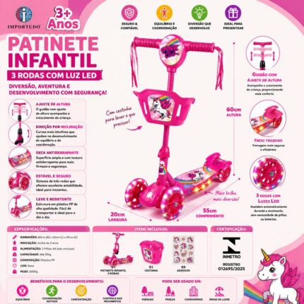 Patinete Infantil 3 Rodas com Luz LED Unicórnio Rosa Importudo