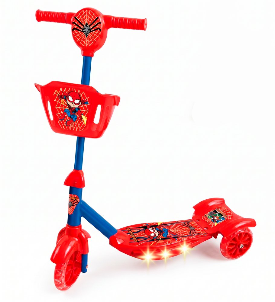 Patinete Infantil 3 Rodas Herói Aranha com Luz LED Vermelho - IMPORTUDO