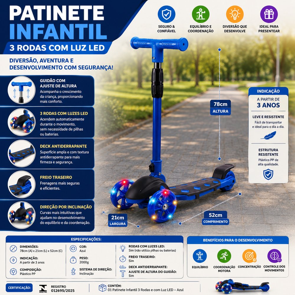 Patinete Infantil 3 Rodas e com Luz LED - Imagem 2