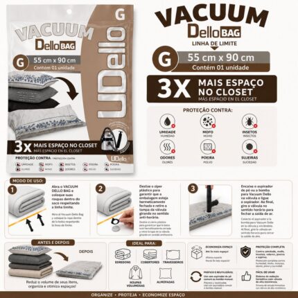 Saco a Vácuo DELLO G 55x90cm com Válvula para Armazenamento e Redução de Volume