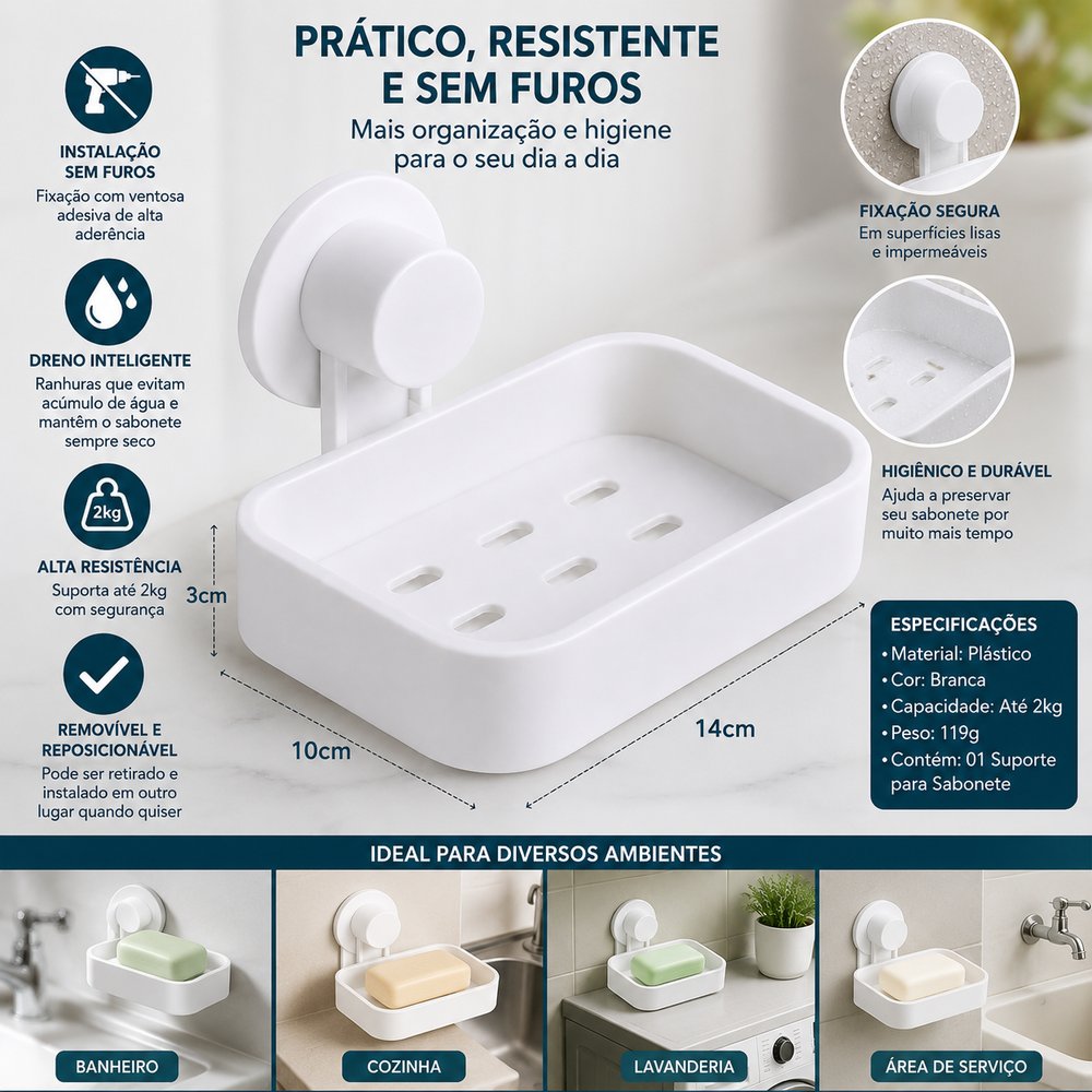 Suporte para Sabonete com Ventosa Adesiva Branco DELLO - Fixação sem Furos, Plástico Resistente - Imagem 3