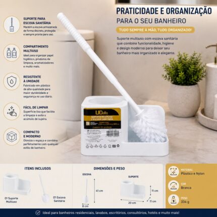 Kit Suporte Multiuso com Escova Sanitária Branca DELLO para Banheiro